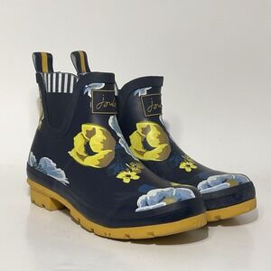 Joules Wellibob Floral Ankle Rain Boots Womens US 8 Navy Yellow Rubber